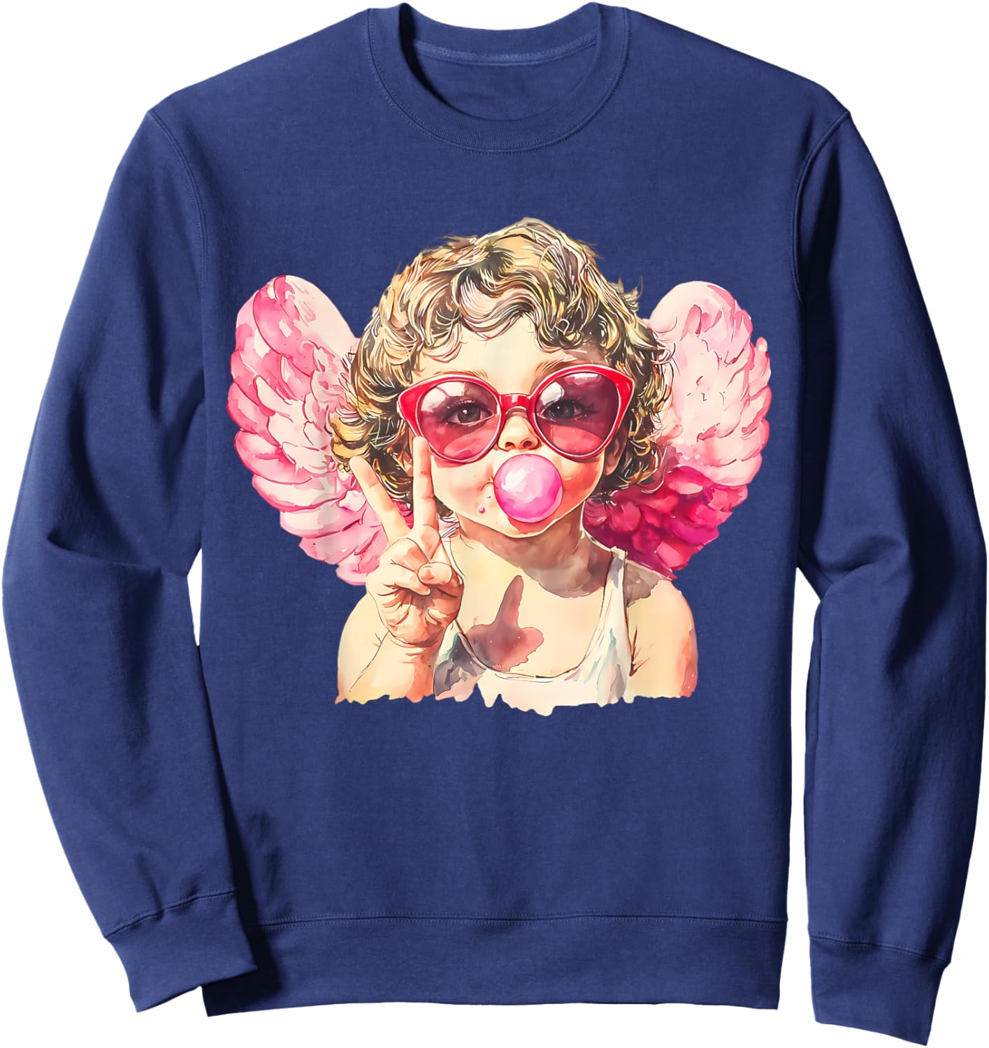 Pink Funny Sunglasses Cupid Blowing Bubble Gum Valentines Sweatshirt - Sweatshirt | Navy