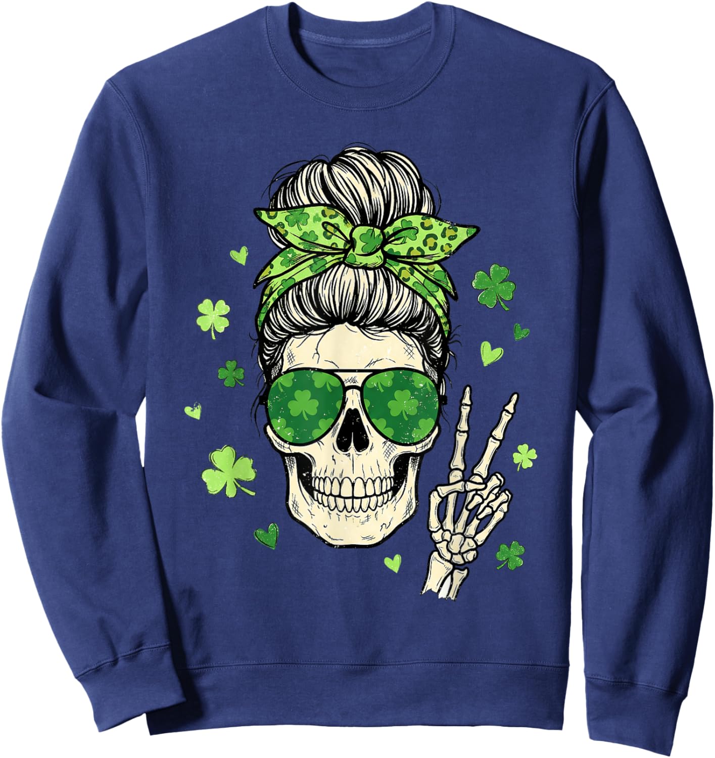 Skull Sunglass Messy Bun Irish Funny St Patrick's Day Women Sweatshirt - Sweatshirt | Navy