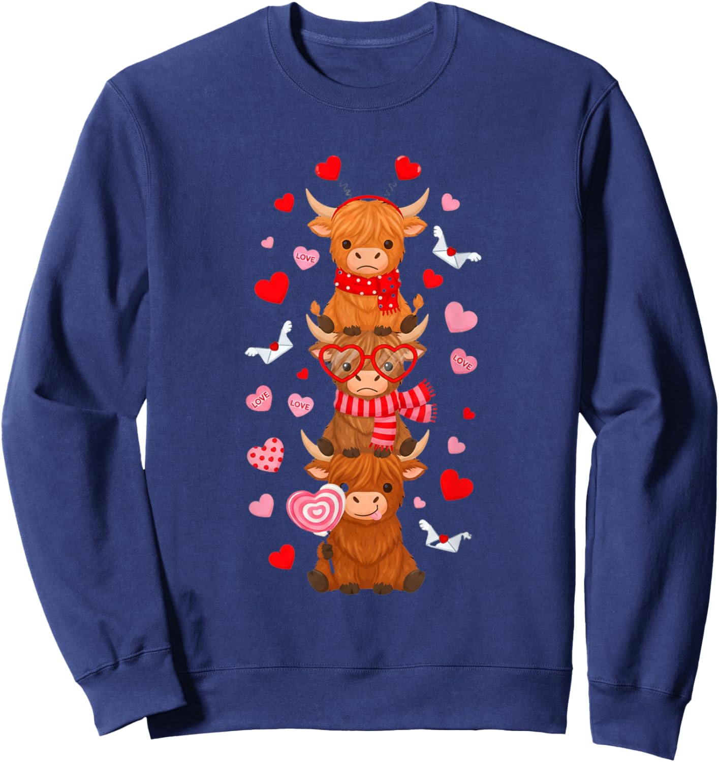 Cute Western Valentine Highland Cows with Heart Letter Women Sweatshirt - Sweatshirt | Navy