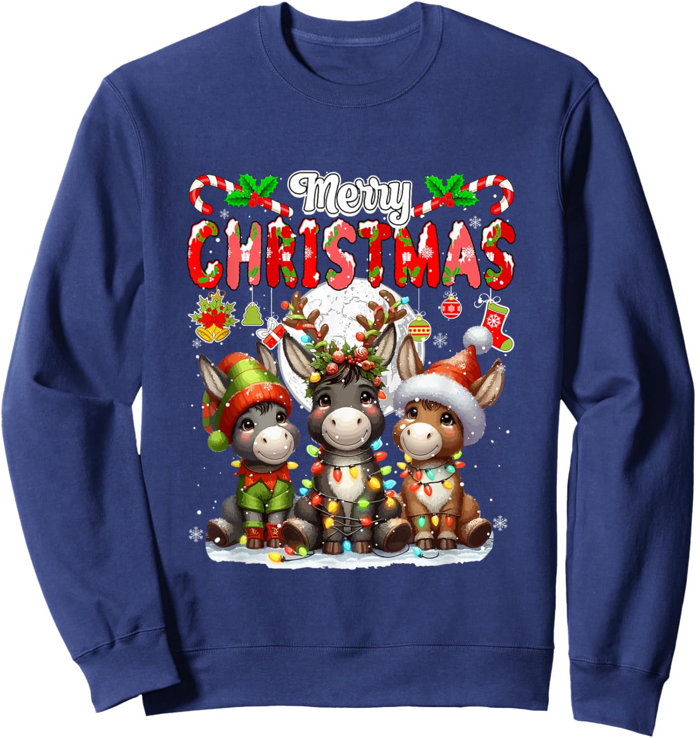 Merry Christmas Three Santa Reindeer Elf Donkeys Colorful Sweatshirt - Sweatshirt | Navy
