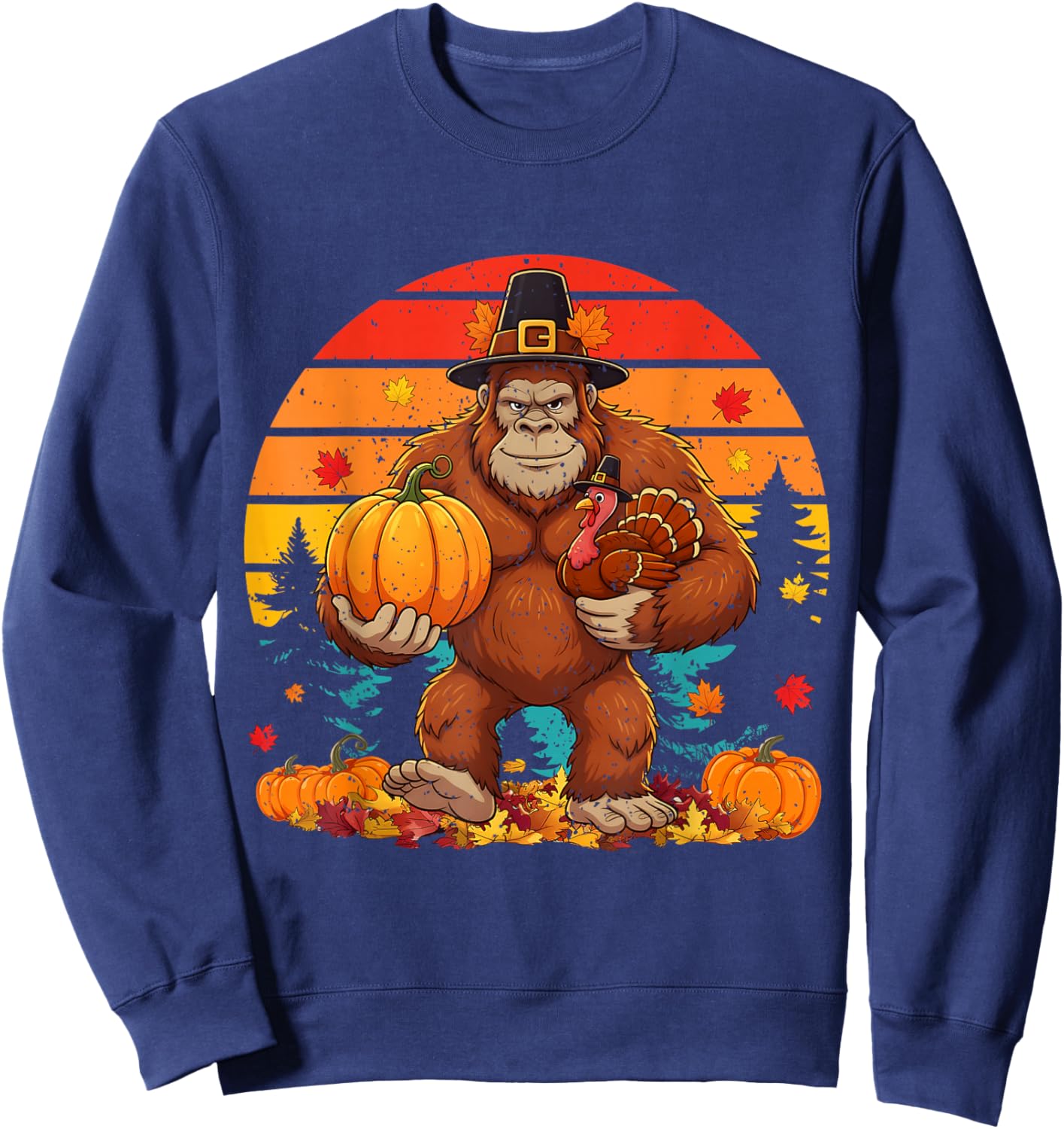 Bigfoot Pilgrim Turkey Pumpkin Thanksgiving Day Boys Men Sweatshirt - Sweatshirt | Navy