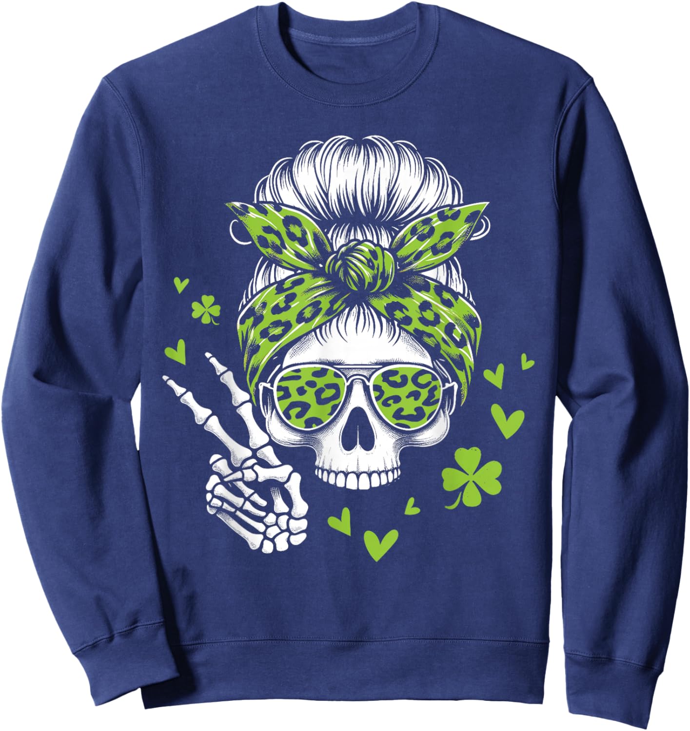 Skull St Patricks Day Shamrock Messy Hair Bun Irish Women Sweatshirt - Sweatshirt | Navy