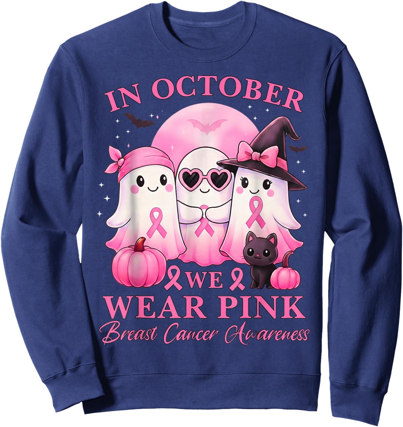 in October We Wear Pink Ghost Squad Breast Cancer Awareness Sweatshirt - Sweatshirt | Navy