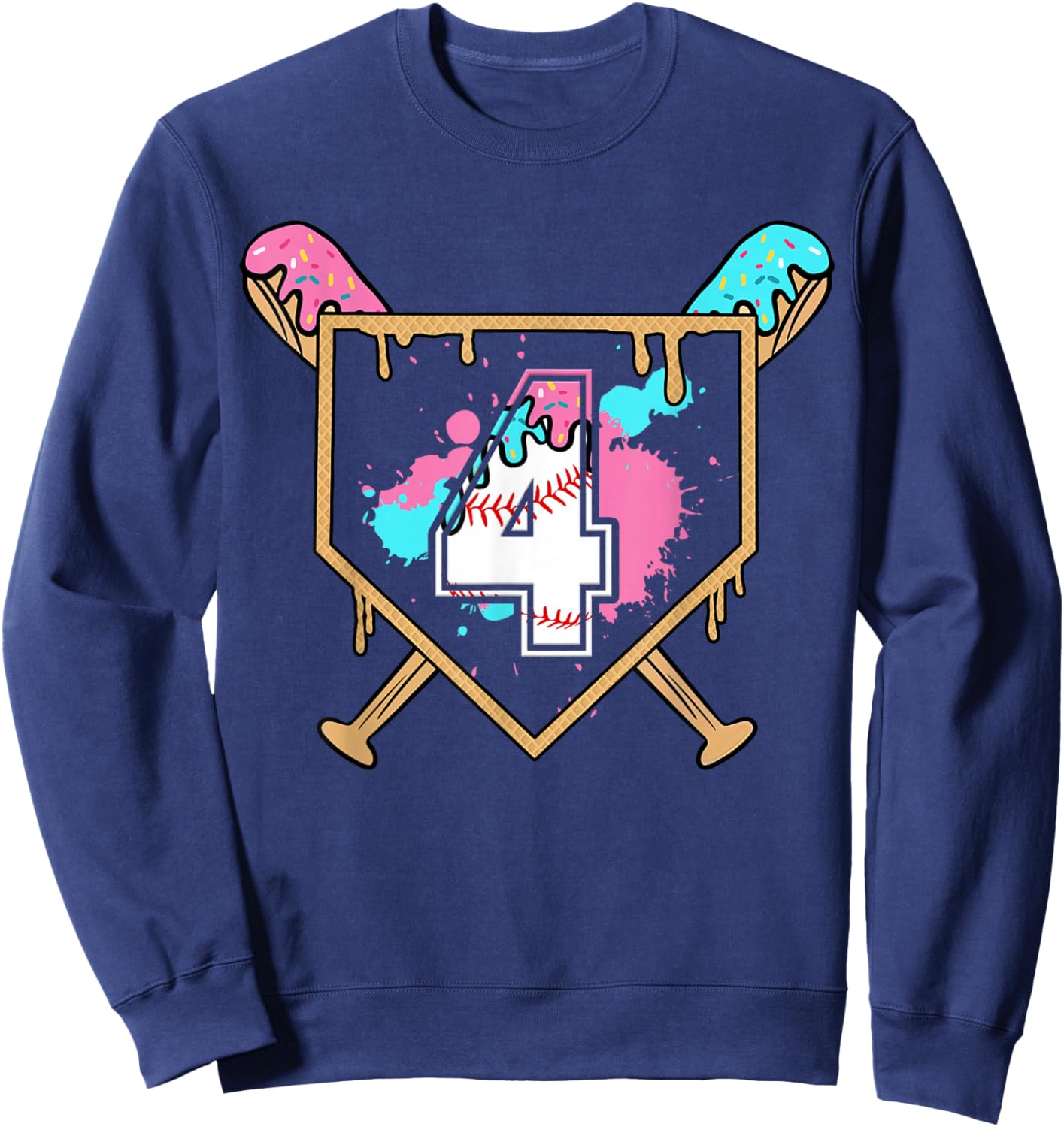 4th Birthday Baseball Bat Ice-Cream Drip 4yrs Old Boys Girls Sweatshirt - Sweatshirt | Navy