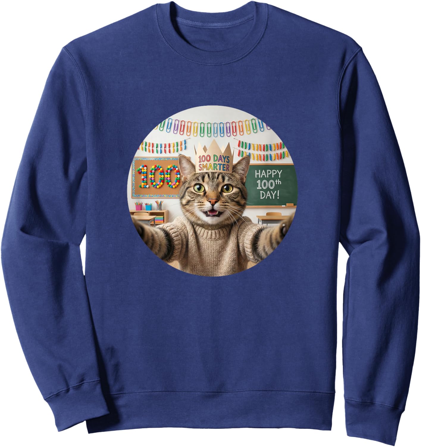 Happy 100th Day of School Cat Selfie 100 Days Smarter Sweatshirt - Sweatshirt | Navy