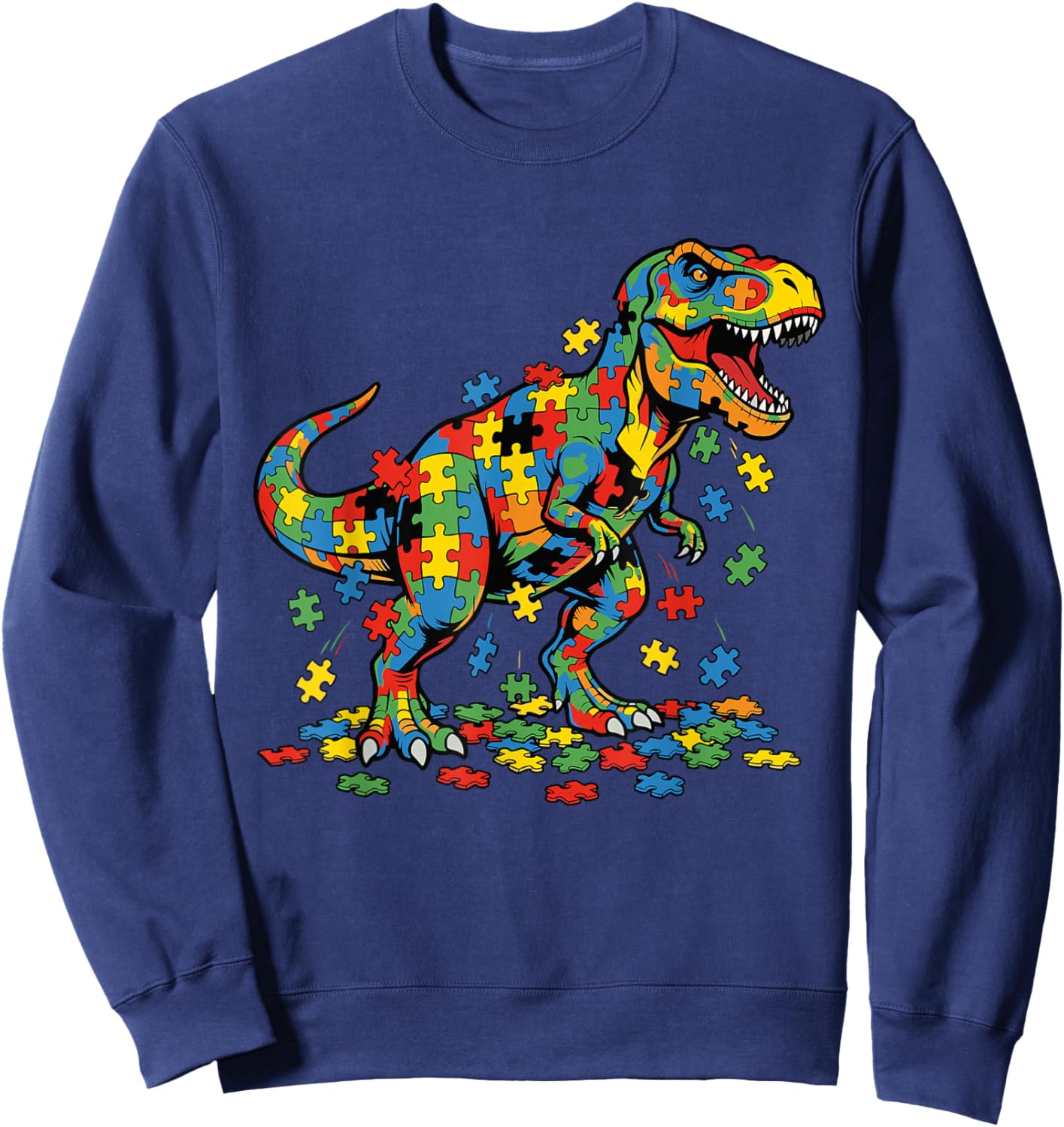 Autism Awareness Dinosaur Colorful Puzzle Autistic T rex Sweatshirt - Sweatshirt | Navy