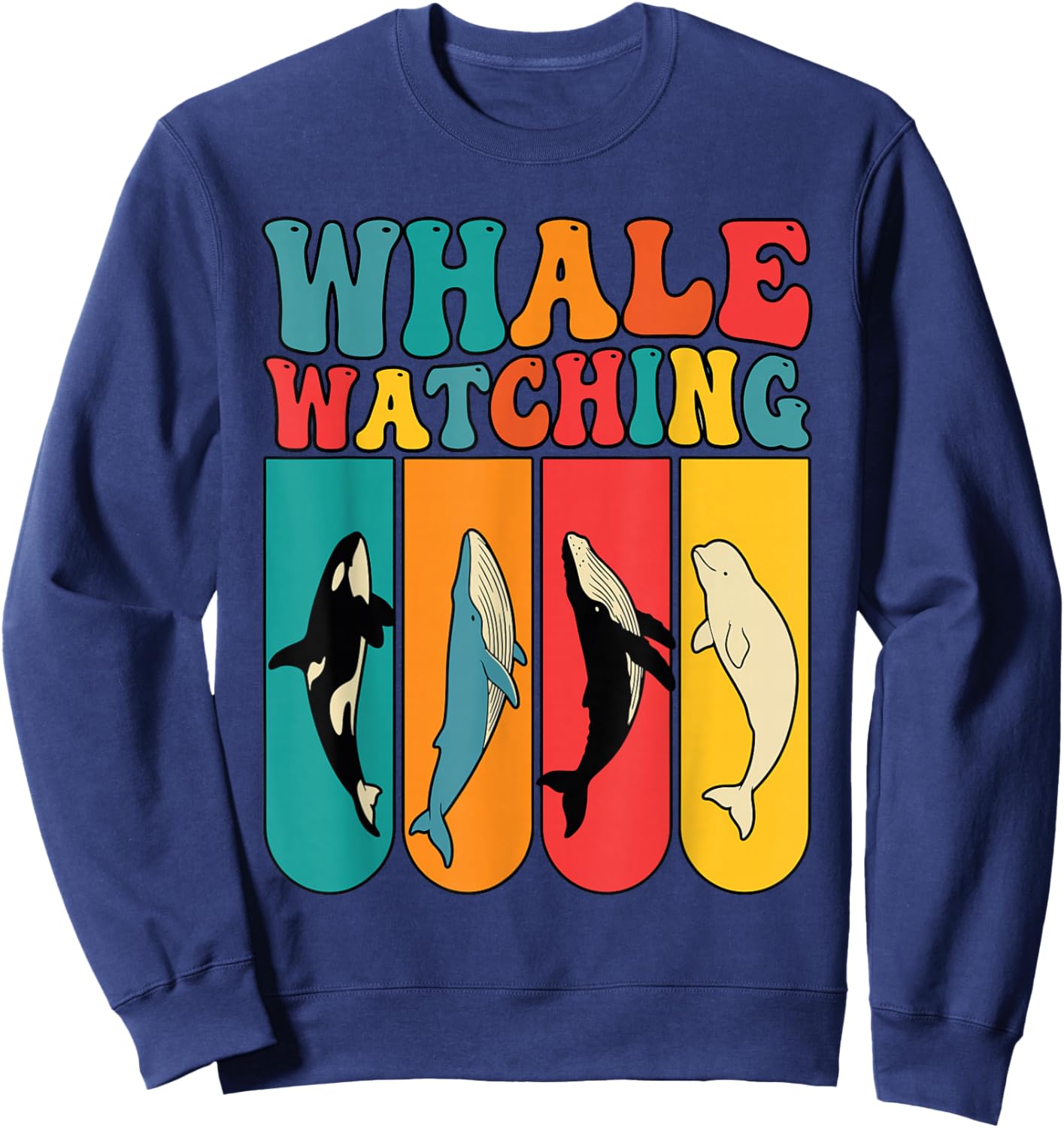 Retro 70s Colorful Whale Watching Species Sweatshirt - Sweatshirt | Navy