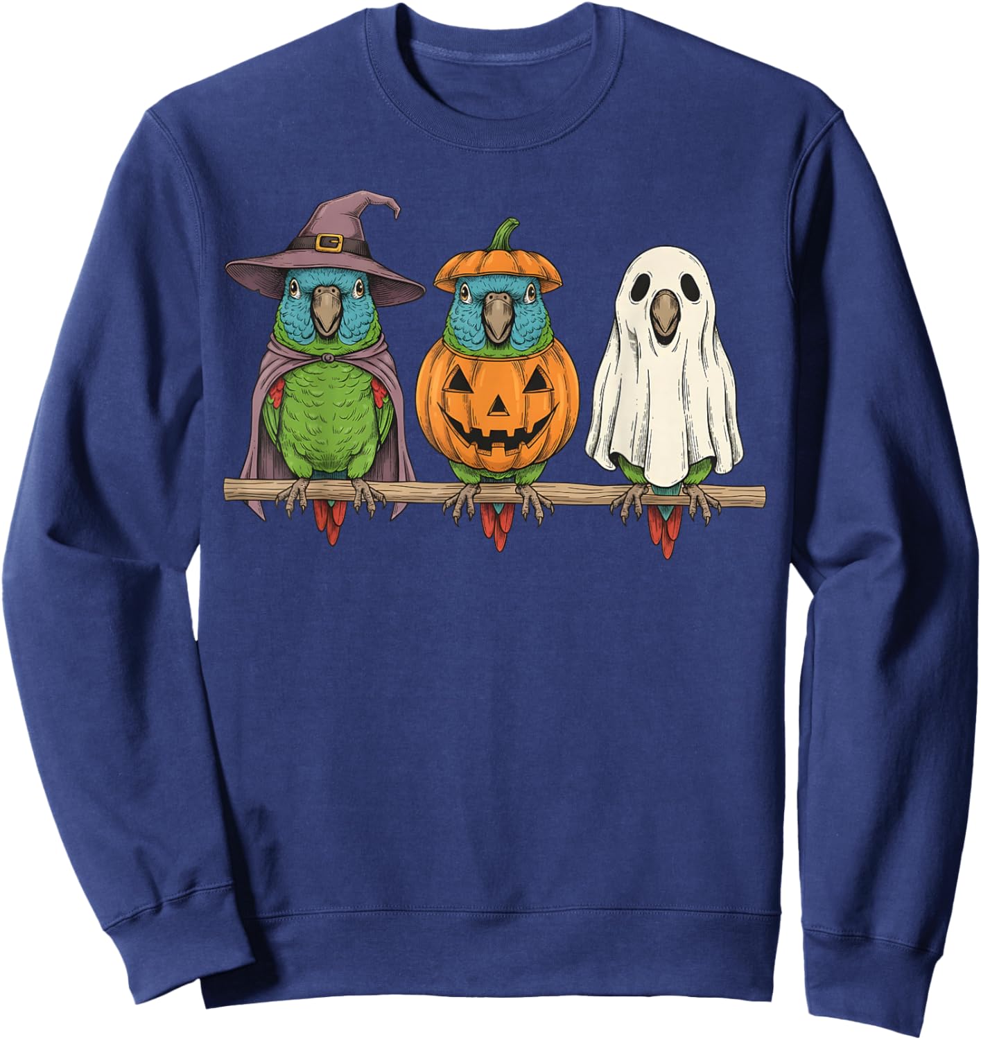 Spooky Ghost Blue Crowned Conure Parrot Pumpkin Halloween Sweatshirt - Sweatshirt | Navy