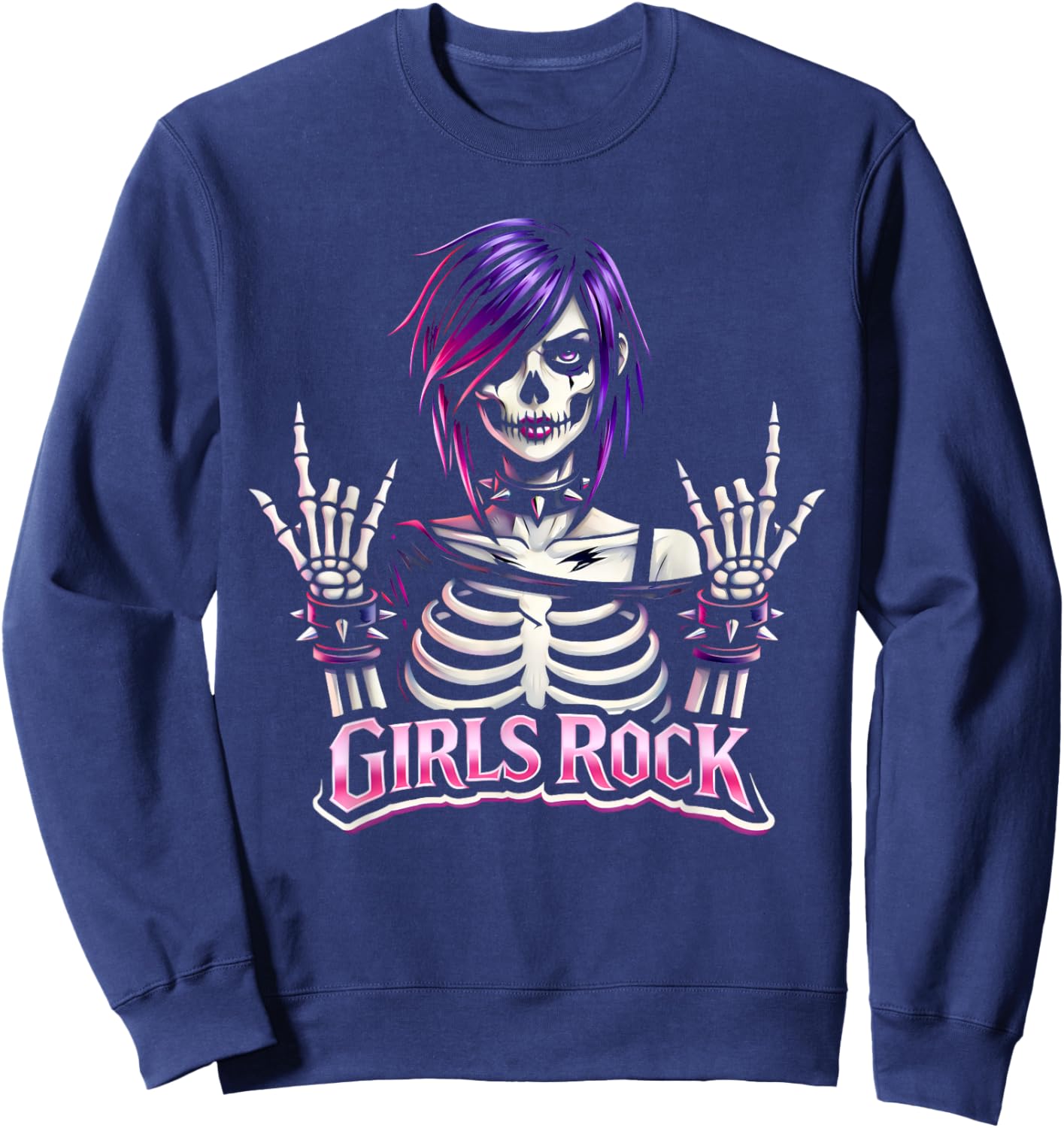 Girls Rock, Rock'n Roll Girl, Skeleton Rocker Gothic Goth Sweatshirt - Sweatshirt | Navy