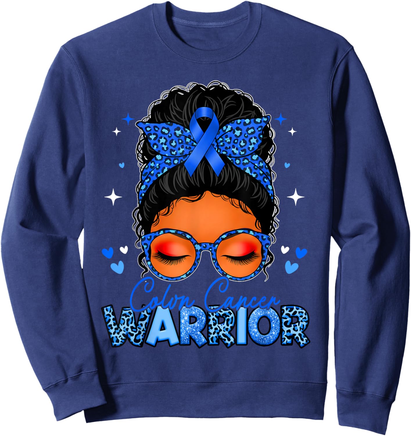 Colon Cancer Warrior Blue Messy Bun Colon Cancer Awareness Sweatshirt - Sweatshirt | Navy