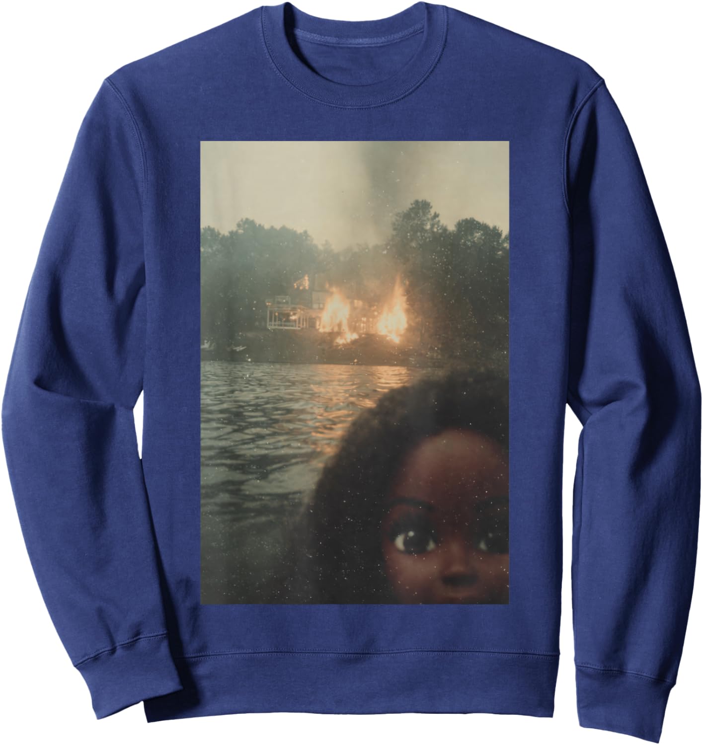 Funny Chaotic Disaster Black Doll Face Selfie Meme Unhinged Sweatshirt - Sweatshirt | Navy