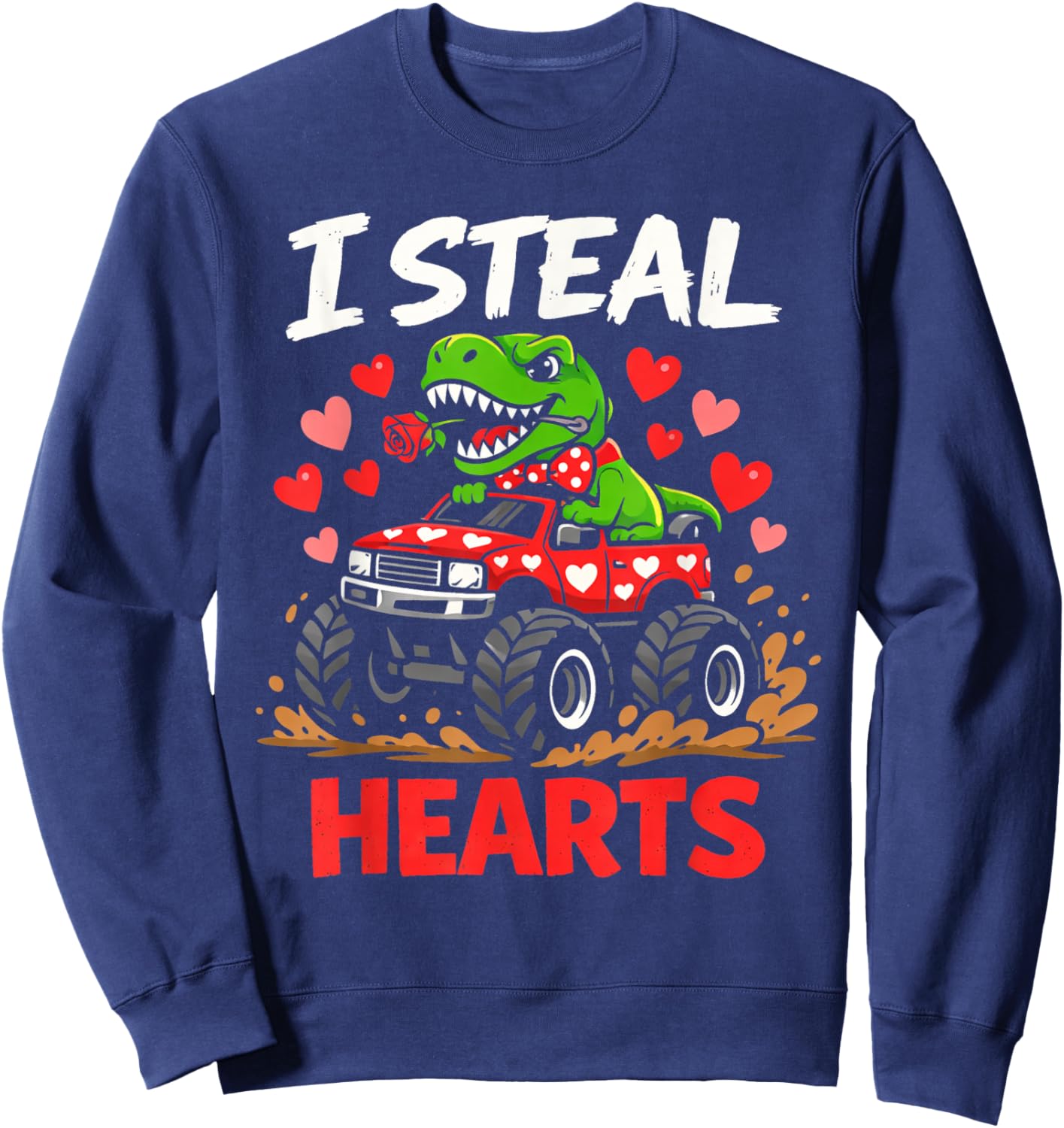 Valentines Day Monster Truck TRex Boy Toddler I Steal Heart Sweatshirt - Sweatshirt | Navy
