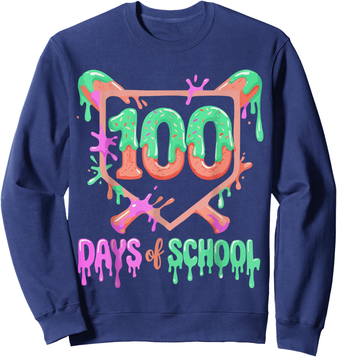 100 Days of School Baseball Ice Cream Drip 100th Day Player Sweatshirt - Sweatshirt | Navy