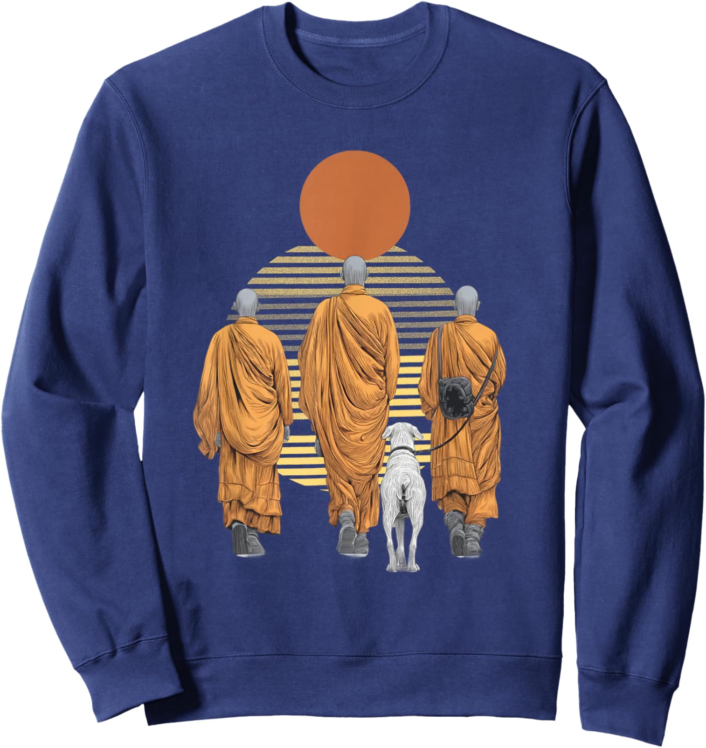 Three Monks and Aloka Dog Spiritual Zen Art Peaceful Sweatshirt - Sweatshirt | Navy