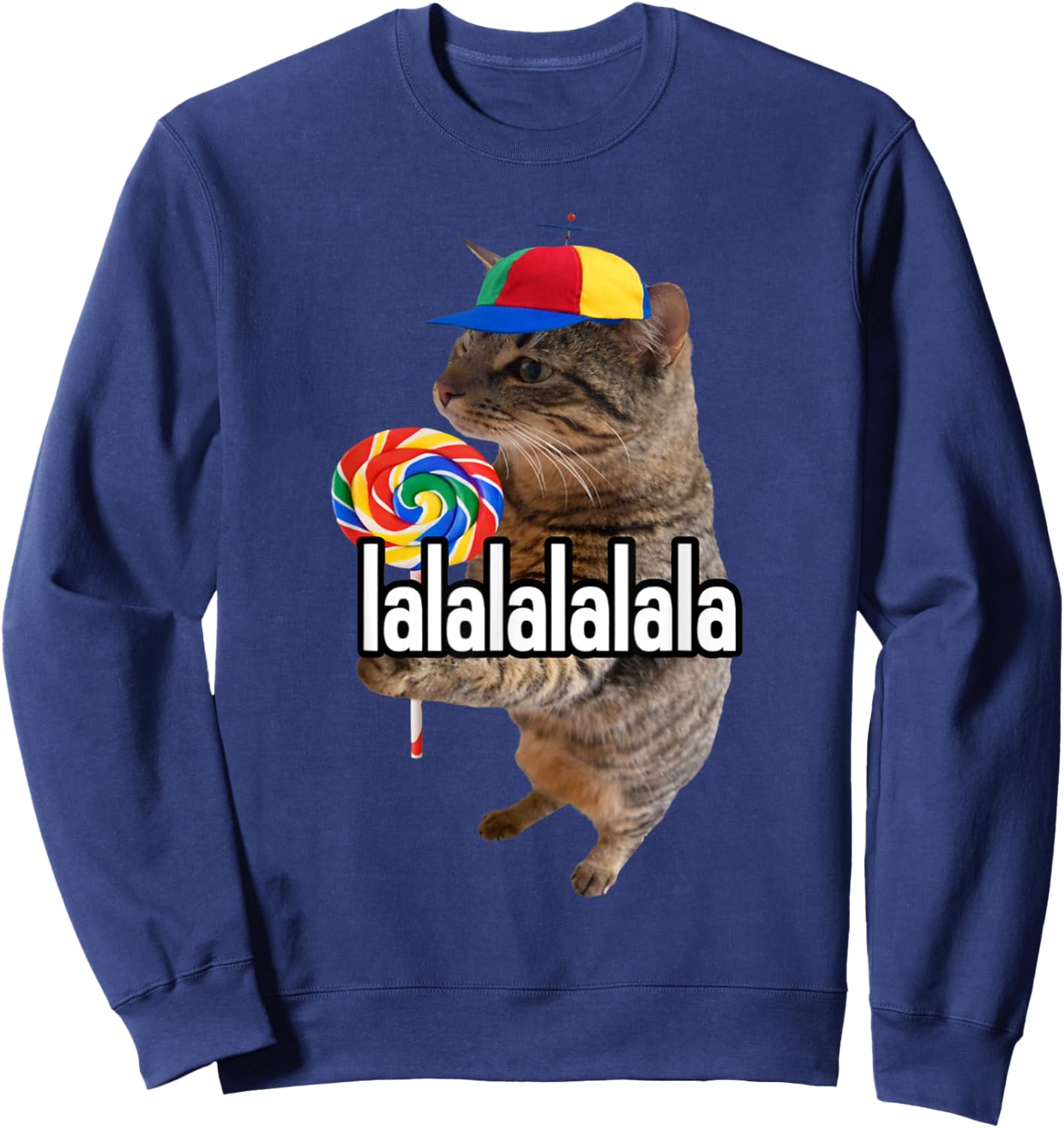 Lalalala Funny Silly Cat with Lollipop Meme Men Women Sweatshirt - Sweatshirt | Navy