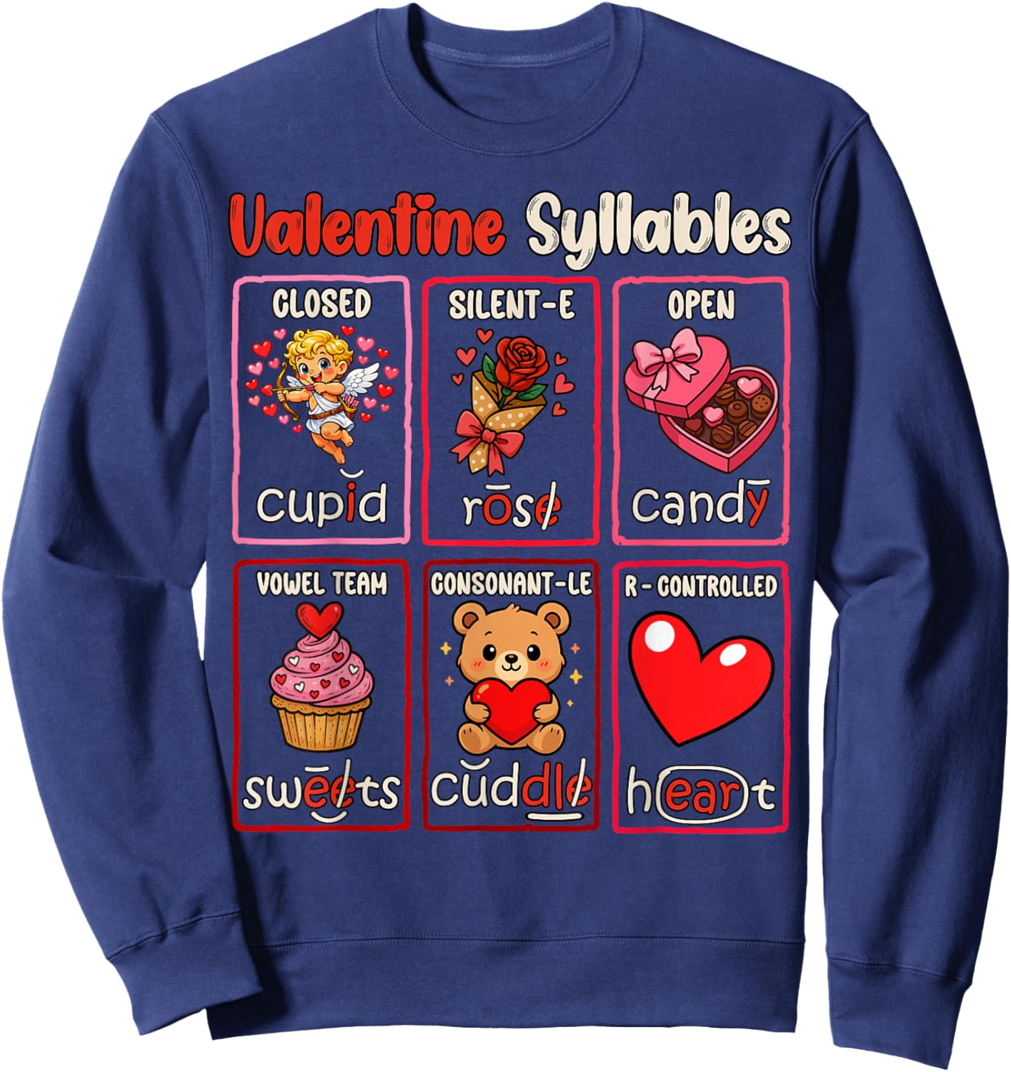 Valentine Syllables Valentines Day Phonics Reading Teacher Sweatshirt - Sweatshirt | Navy