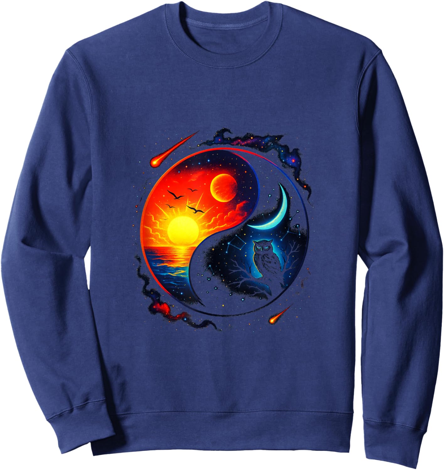 Yin Yang Owl - Cosmic Celestial Nature Art Sweatshirt - Sweatshirt | Navy