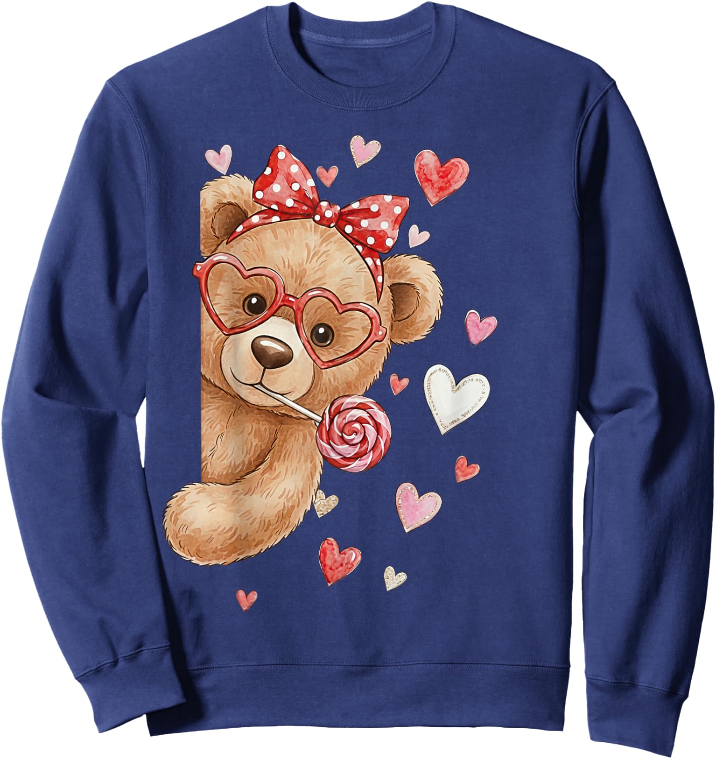 Teddy Bear Heart Glasses Cute Valentines Day Lollipop Humor Sweatshirt - Sweatshirt | Navy