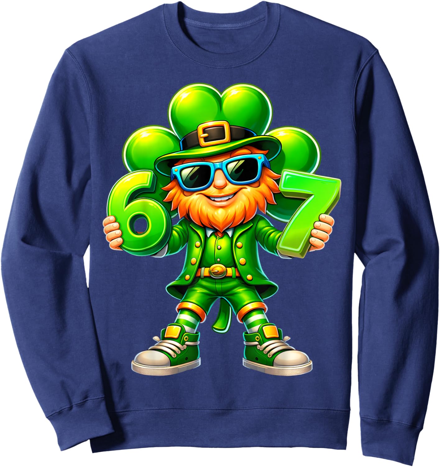 Six Seven 6 7 Meme St Patricks Day Leprechaun Shamrock Sweatshirt - Sweatshirt | Navy
