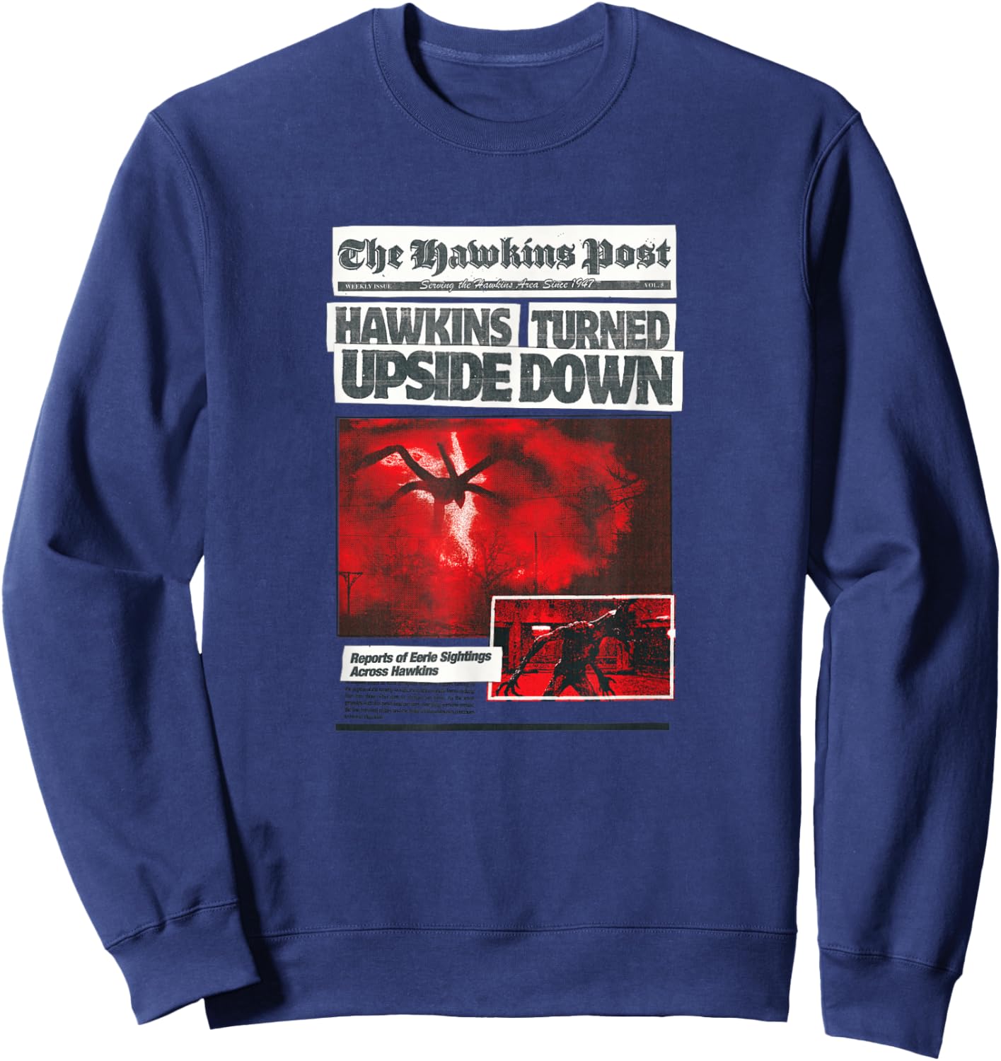 Stranger Things Season 5 The Hawkins Post Retro Newspaper Sweatshirt - Sweatshirt | Navy