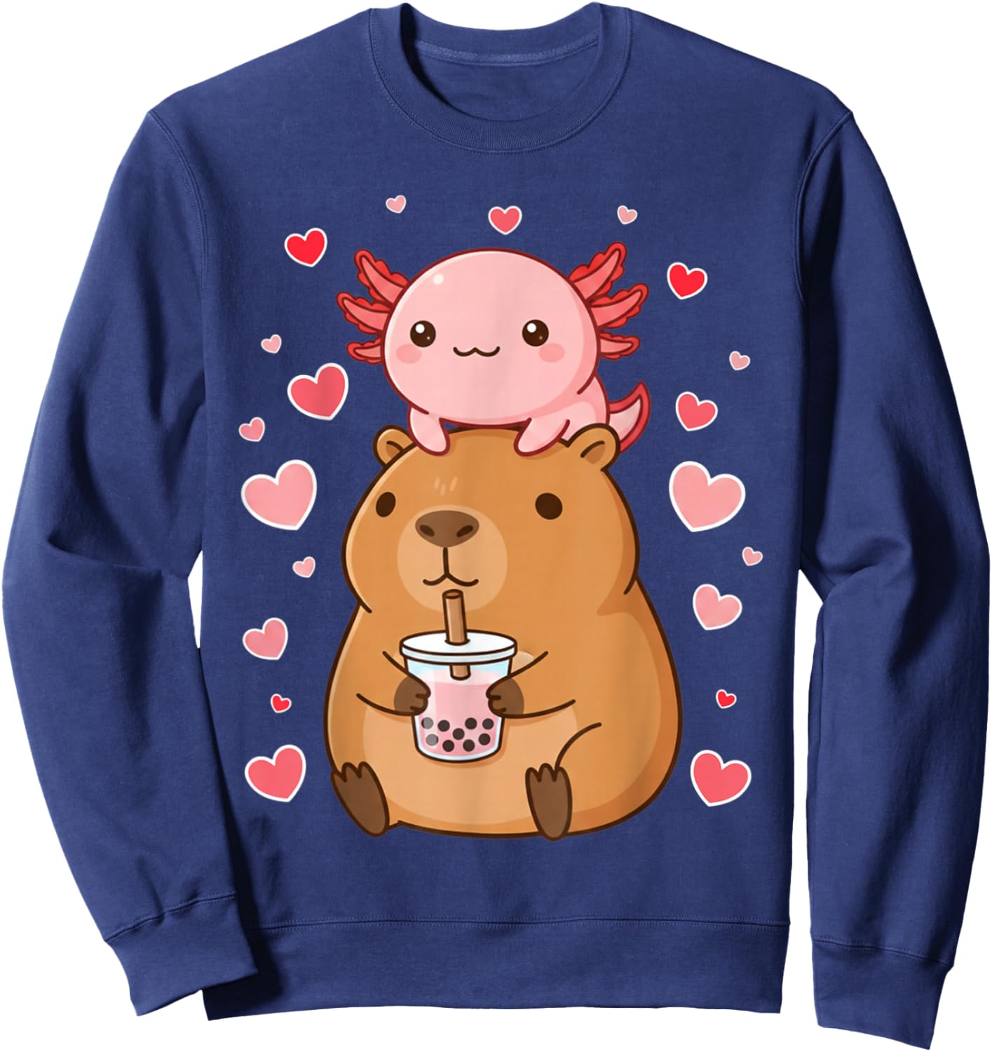 Cute Kawaii Axolotl Capybara Bubble Tea Boys Girls Valentine Sweatshirt - Sweatshirt | Navy