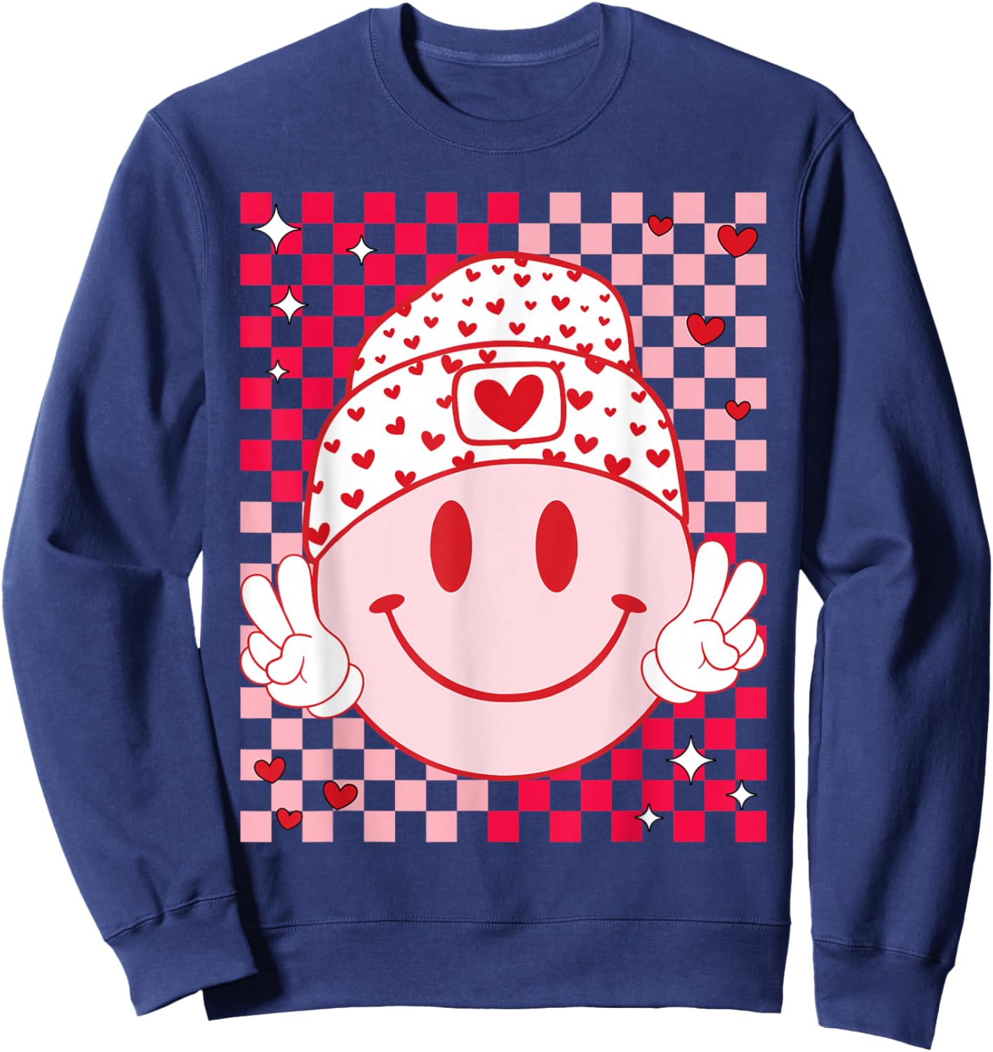 Groovy Valentine Vibes Cute Heart Happy Valentines Men Women Sweatshirt - Sweatshirt | Navy