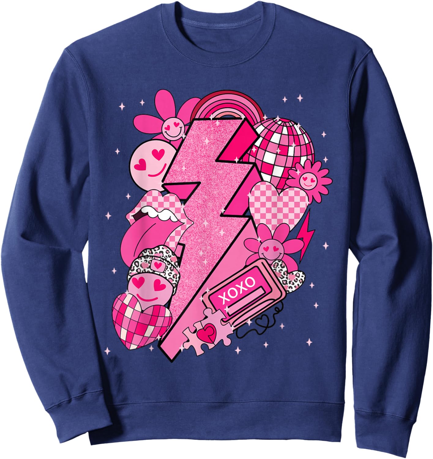 Valentine Love Lightning Bolt Disco Hearts Y2K Retro Graphic Sweatshirt - Sweatshirt | Navy