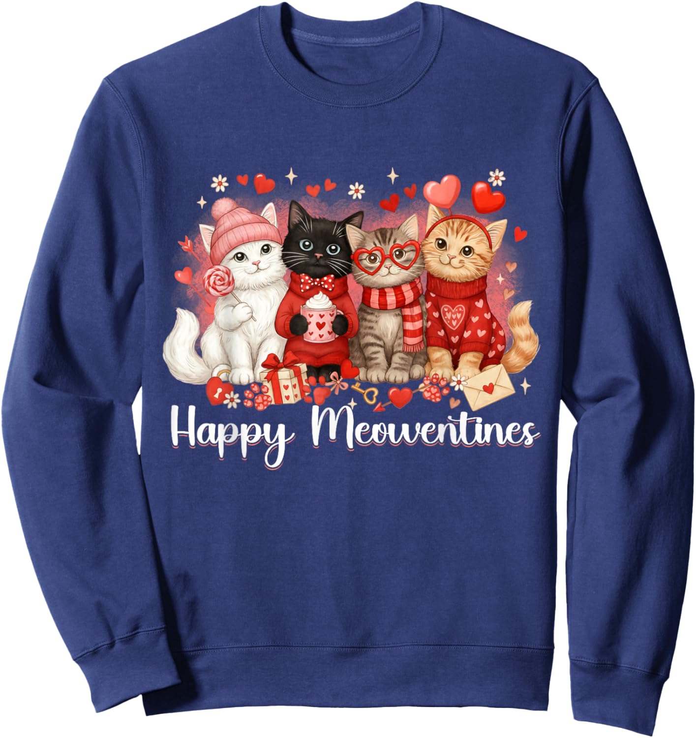 Cute Valentine Cat Lovers Happy Meowentines Girls Women Kid Sweatshirt - Sweatshirt | Navy