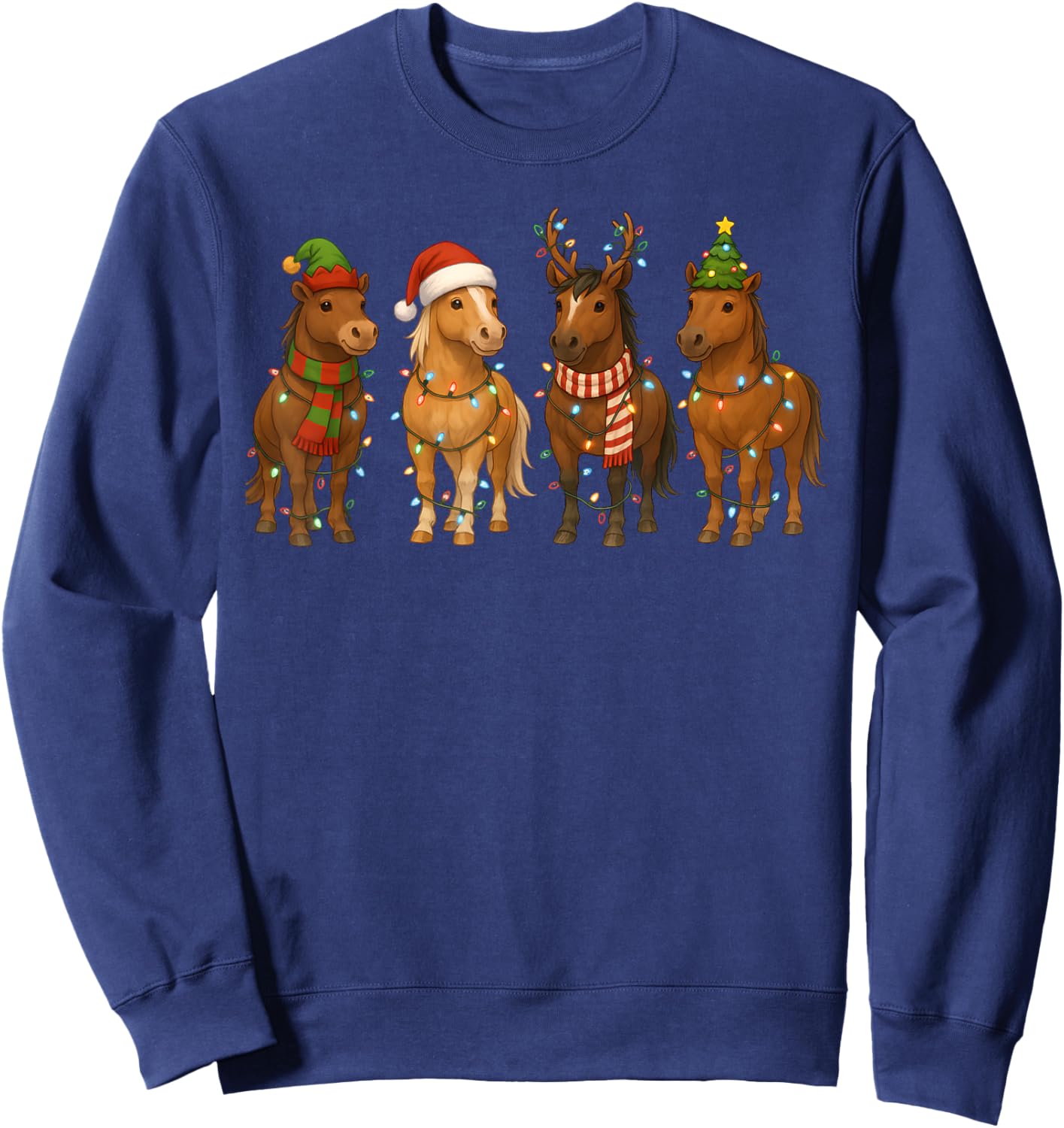 Cute Horse Christmas Pajama Funny Xmas Lights Animals Lover Sweatshirt - Sweatshirt | Navy