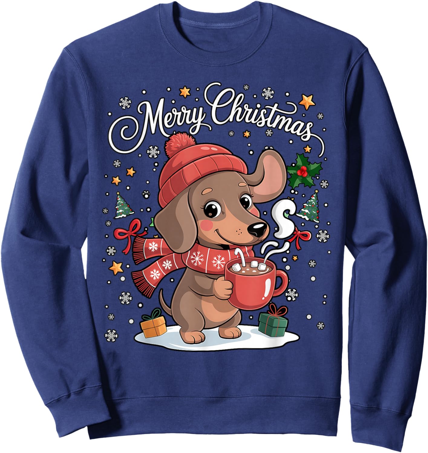 Cute Dachshund Dog Drink Hot Cocoa Christmas Xmas Women Men Sweatshirt - Sweatshirt | Navy