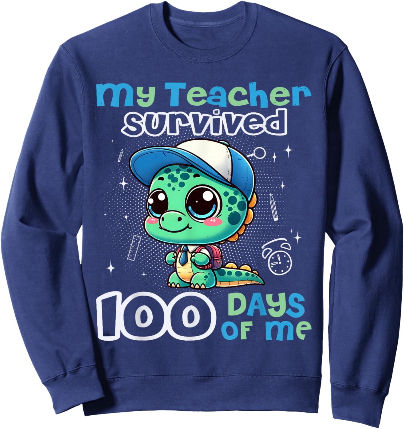 Funny Cute Dinosaur My Teacher Survived 100 Days of me Boys Sweatshirt - Sweatshirt | Navy