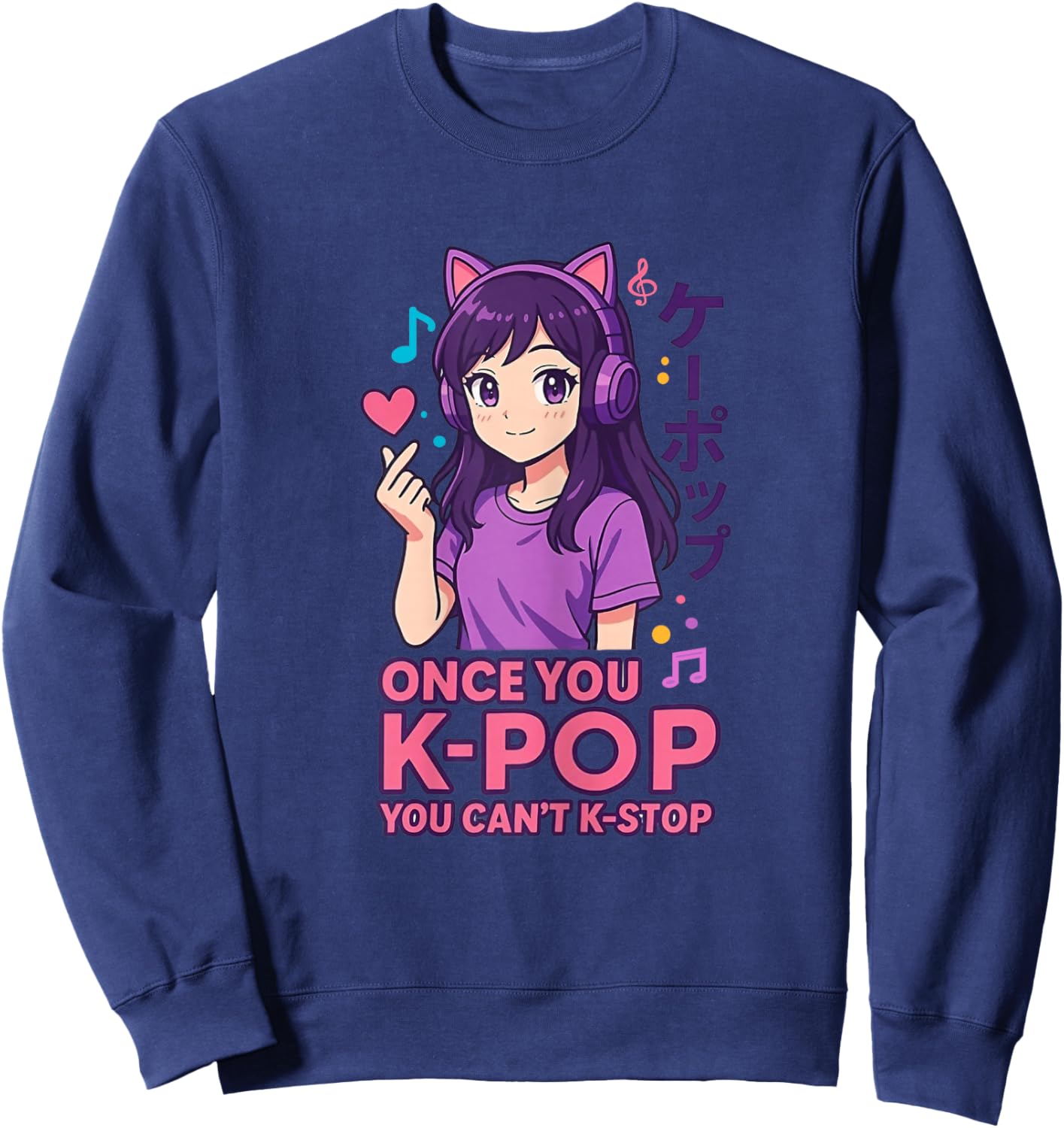 Cute Kawaii Girl with Cat Headphones Kpop Music Fans Sweatshirt - Sweatshirt | Navy