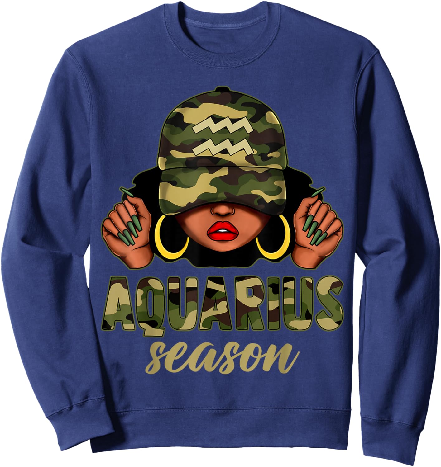 Aquarius Season Black Woman Camo Hat Afro Girl Zodiac Sweatshirt - Sweatshirt | Navy