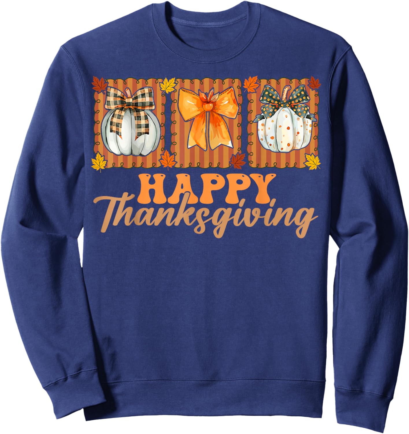 Coquette Bow Pumpkin Season Thanksgiving Autumn Fall Leaves Sweatshirt - Sweatshirt | Navy
