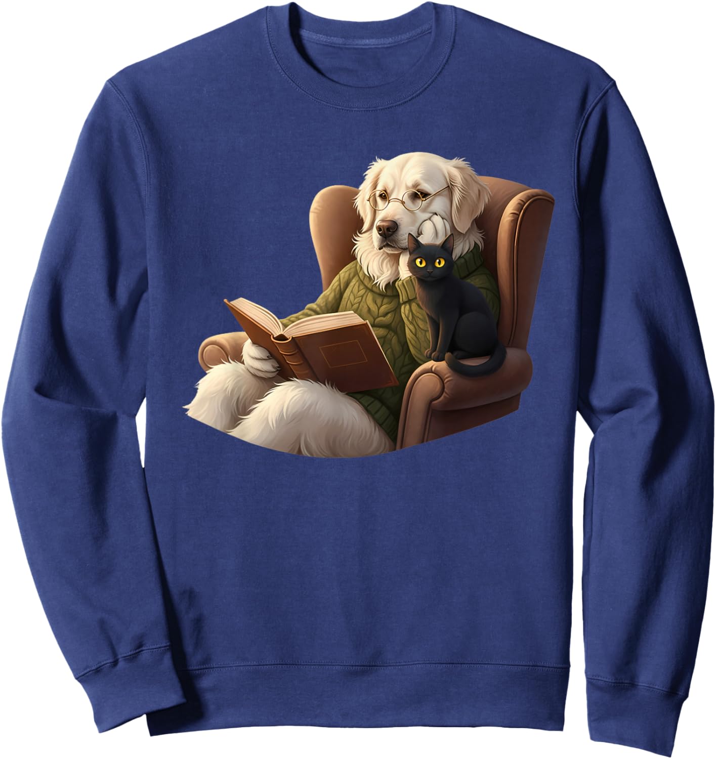 Funny Reading Book English Cream Golden Retriever Cat Puppy Sweatshirt - Sweatshirt | Navy