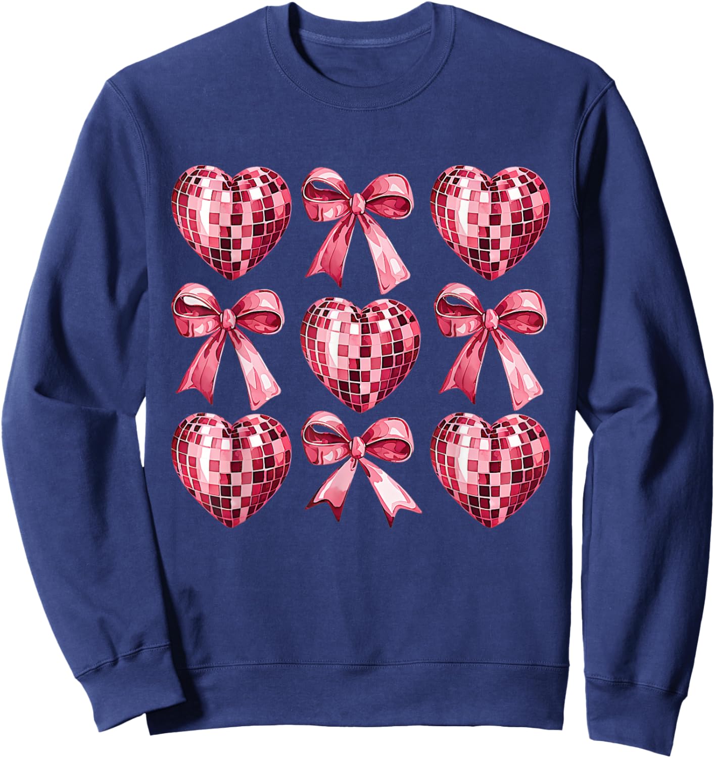 Pink Disco Heart & Bow Retro Valentine Aesthetic Women Teens Sweatshirt - Sweatshirt | Navy