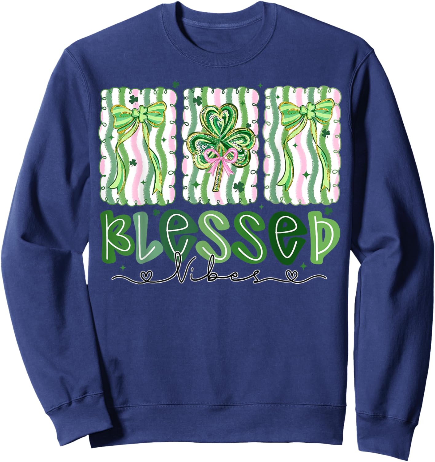 Preppy St Patrick's Day Shamrocks Coquette Bow Blessed Vibes Sweatshirt - Sweatshirt | Navy