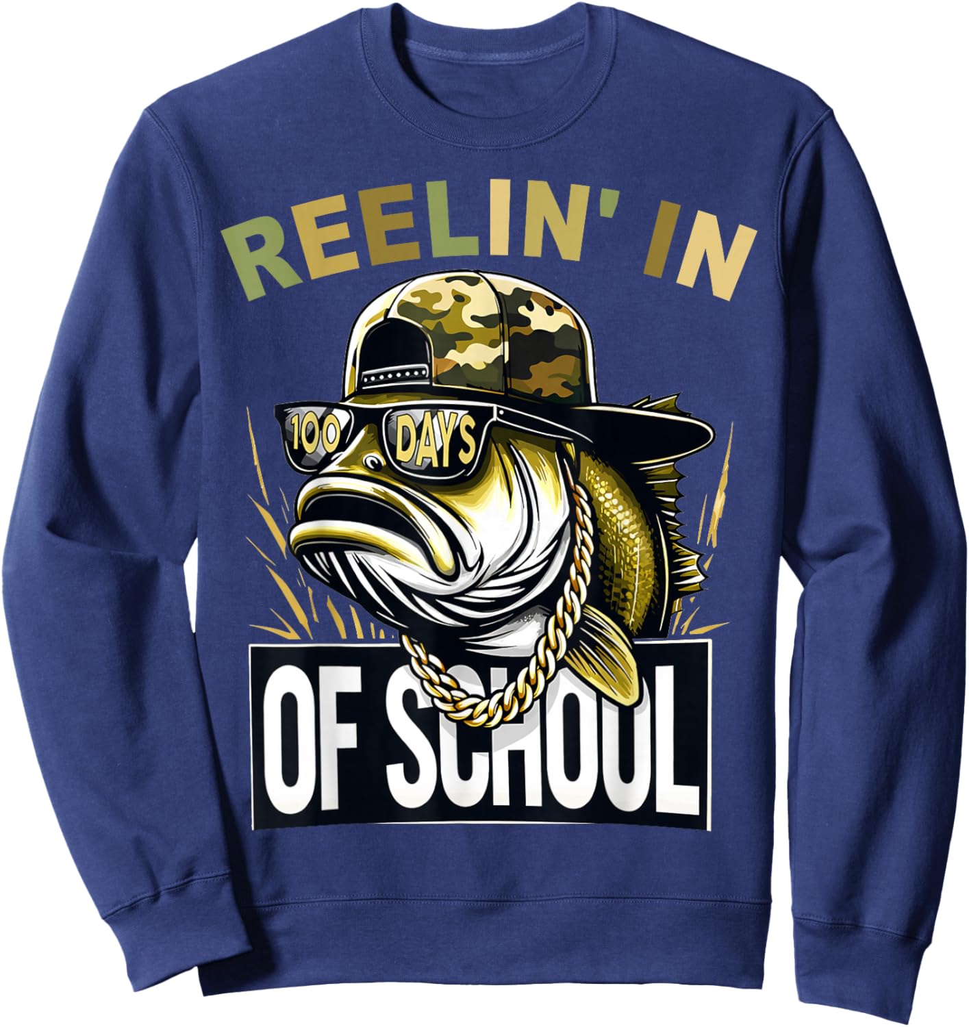 Retro Reelin’ in 100 Days of School Camo Bass Fishing Boys Sweatshirt - Sweatshirt | Navy