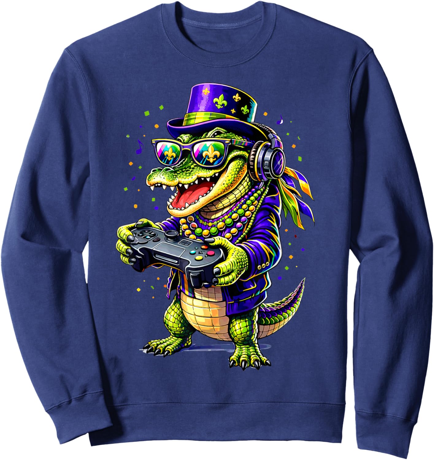 Funny Alligator Playing Video Game Gamer Gaming Mardi Gras Sweatshirt - Sweatshirt | Navy
