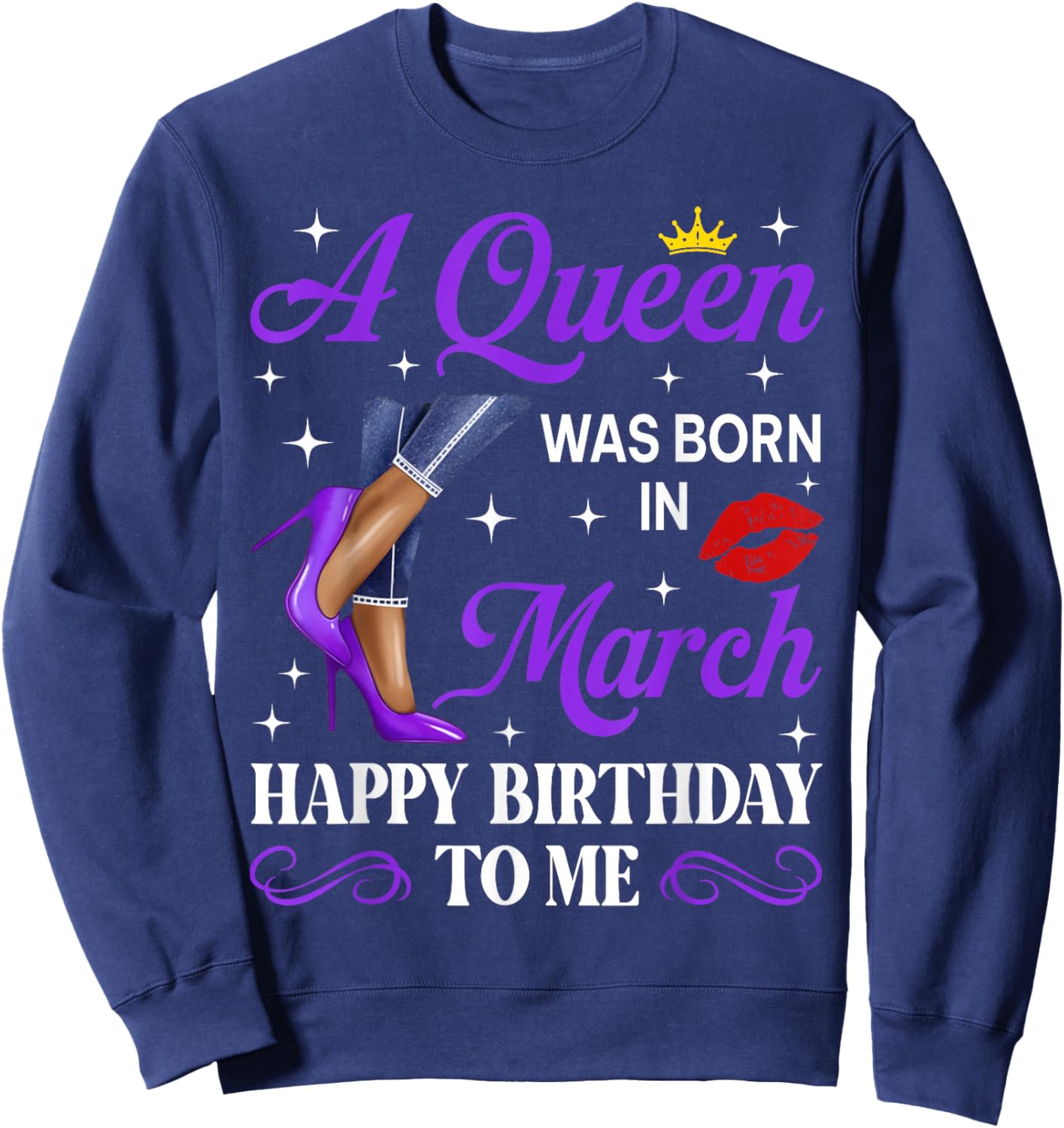 A Queen was Born in March Birthday Afro Woman High Heels Sweatshirt - Sweatshirt | Navy