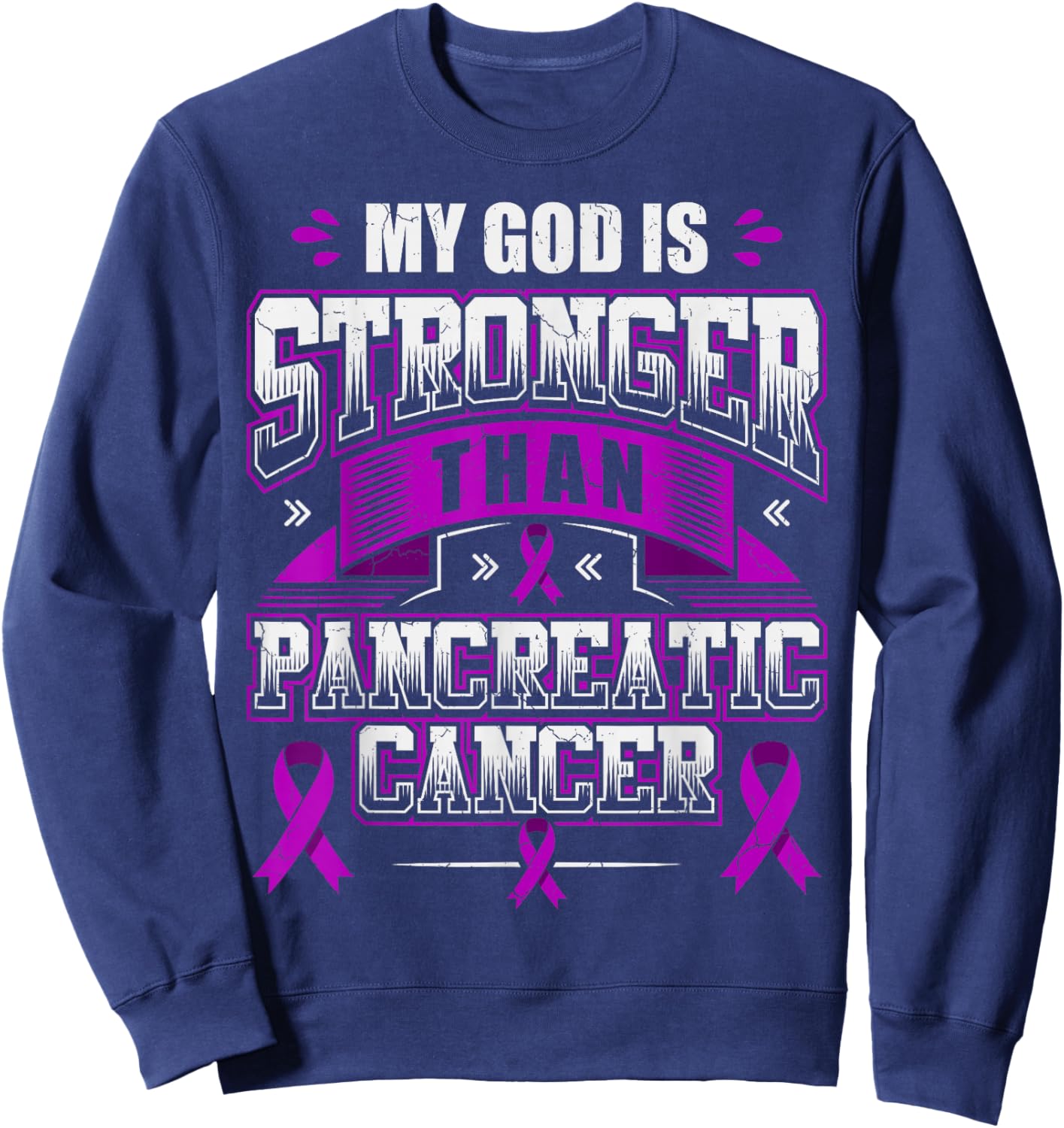 God is Stronger Pancreatic Cancer Month Awareness Ribbon Sweatshirt - Sweatshirt | Navy
