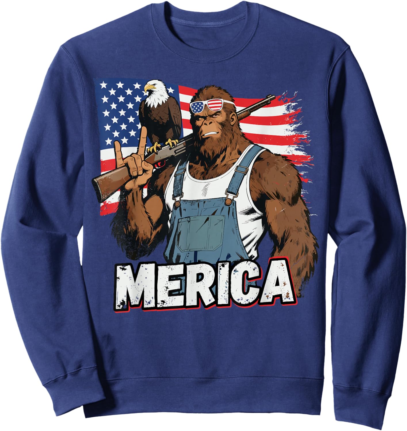 Bigfoot Merica Rock American Flag Patriotic 4th of July Sweatshirt - Sweatshirt | Navy