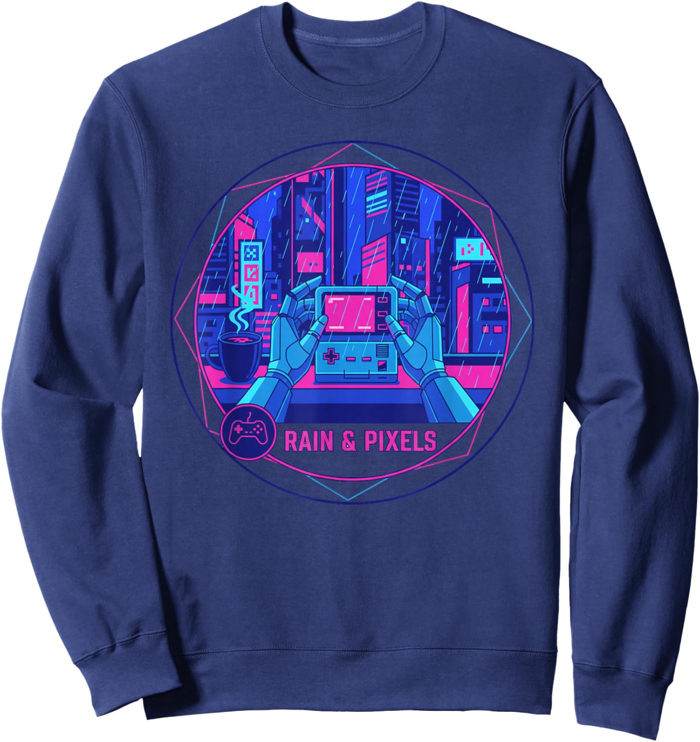 Cyberpunk Lo-fi Rainy Night Aesthetic Urban Pixel Art Sweatshirt - Sweatshirt | Navy