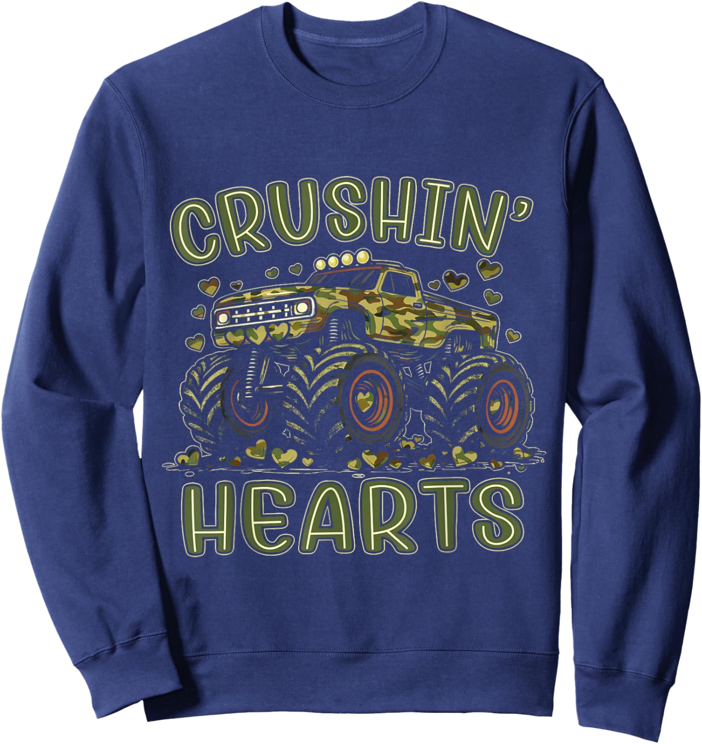 Valentine Camouflage Truck Crushin' Hearts Boy Kids Monster Sweatshirt - Sweatshirt | Navy