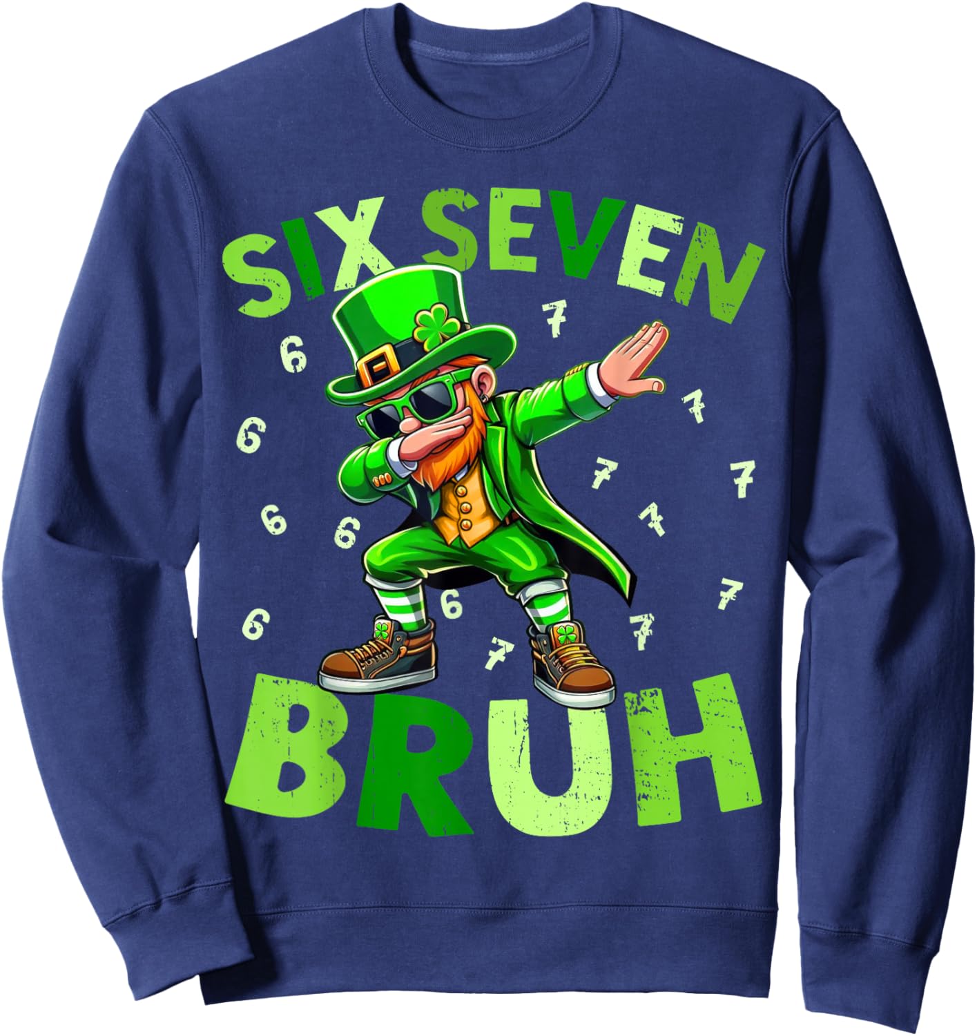 Six Seven Bruh St Patricks Day Shirt Dabbing Leprechaun Kids Sweatshirt - Sweatshirt | Navy