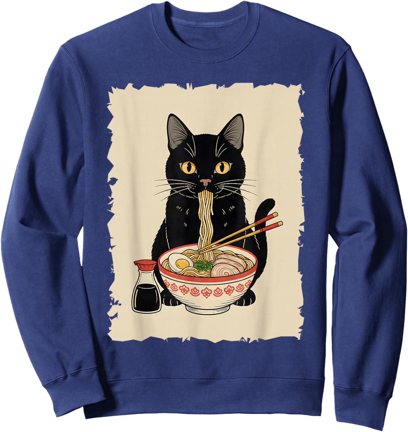 Cat Eating Ramen Noodles Anime Kawaii Japanese Art Cat Ramen Sweatshirt - Sweatshirt | Navy