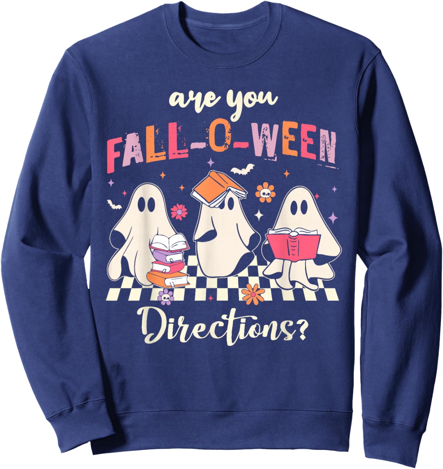 Retro are You Fall O Ween Directions Teacher Halloween Ghost Sweatshirt - Sweatshirt | Navy