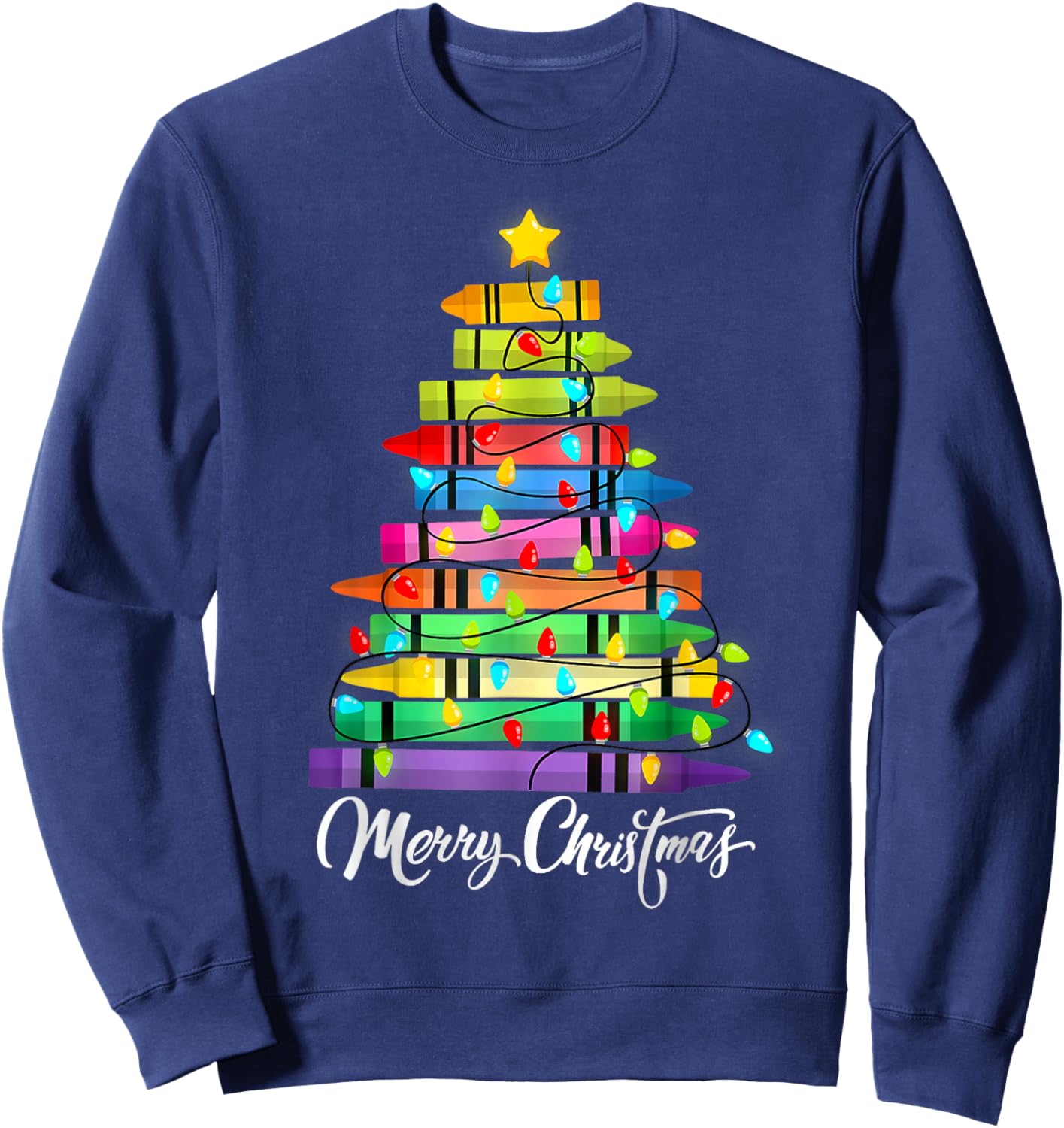 Teacher Crayon Merry Christmas Tree Lights School Xmas Sweatshirt - Sweatshirt | Navy