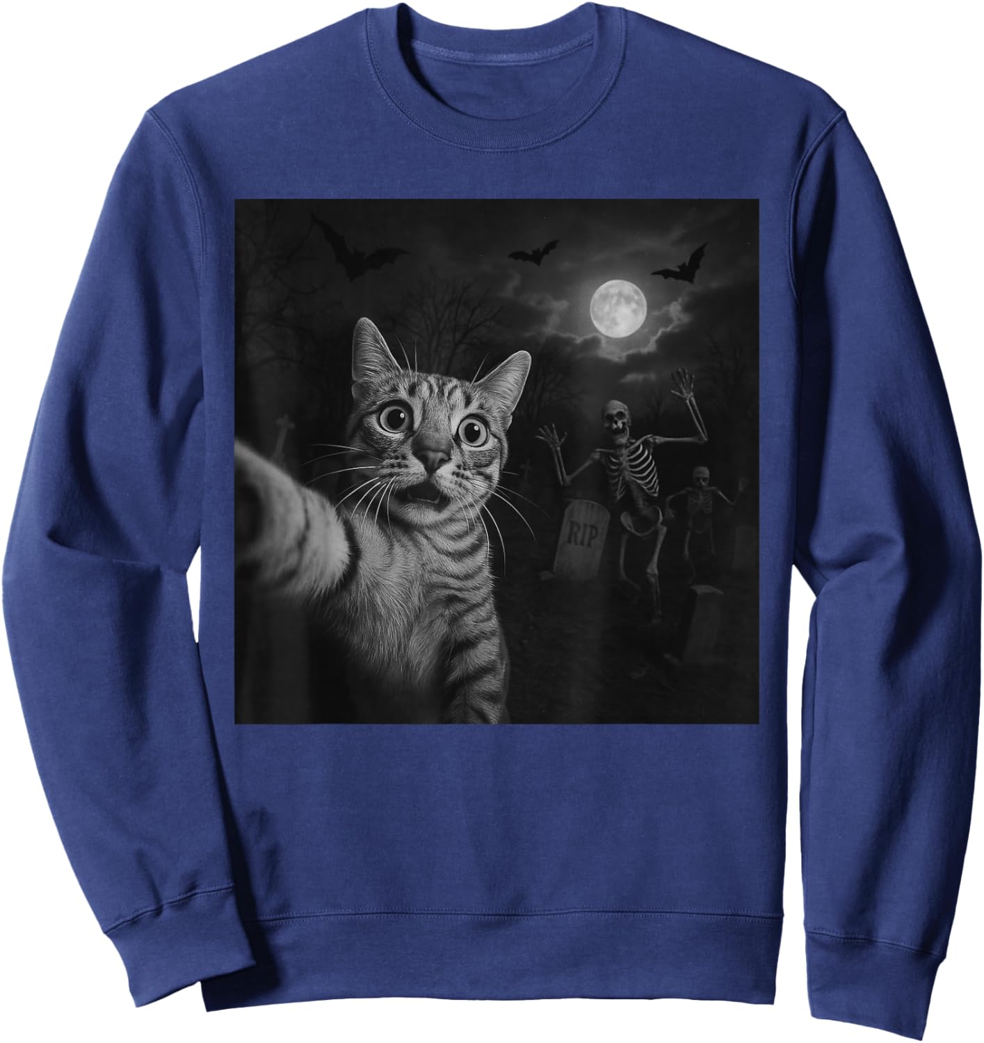 Funny Halloween Surprised Scared Cat Selfie Spooky Skeleton Sweatshirt - Sweatshirt | Navy