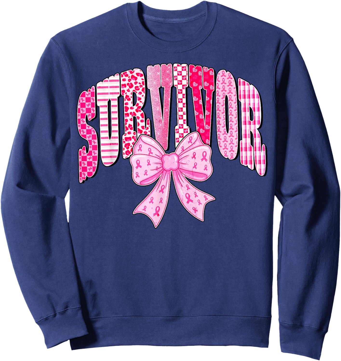 Survivor Pink Ribbon Coquette Bow Breast Cancer Awareness Sweatshirt - Sweatshirt | Navy